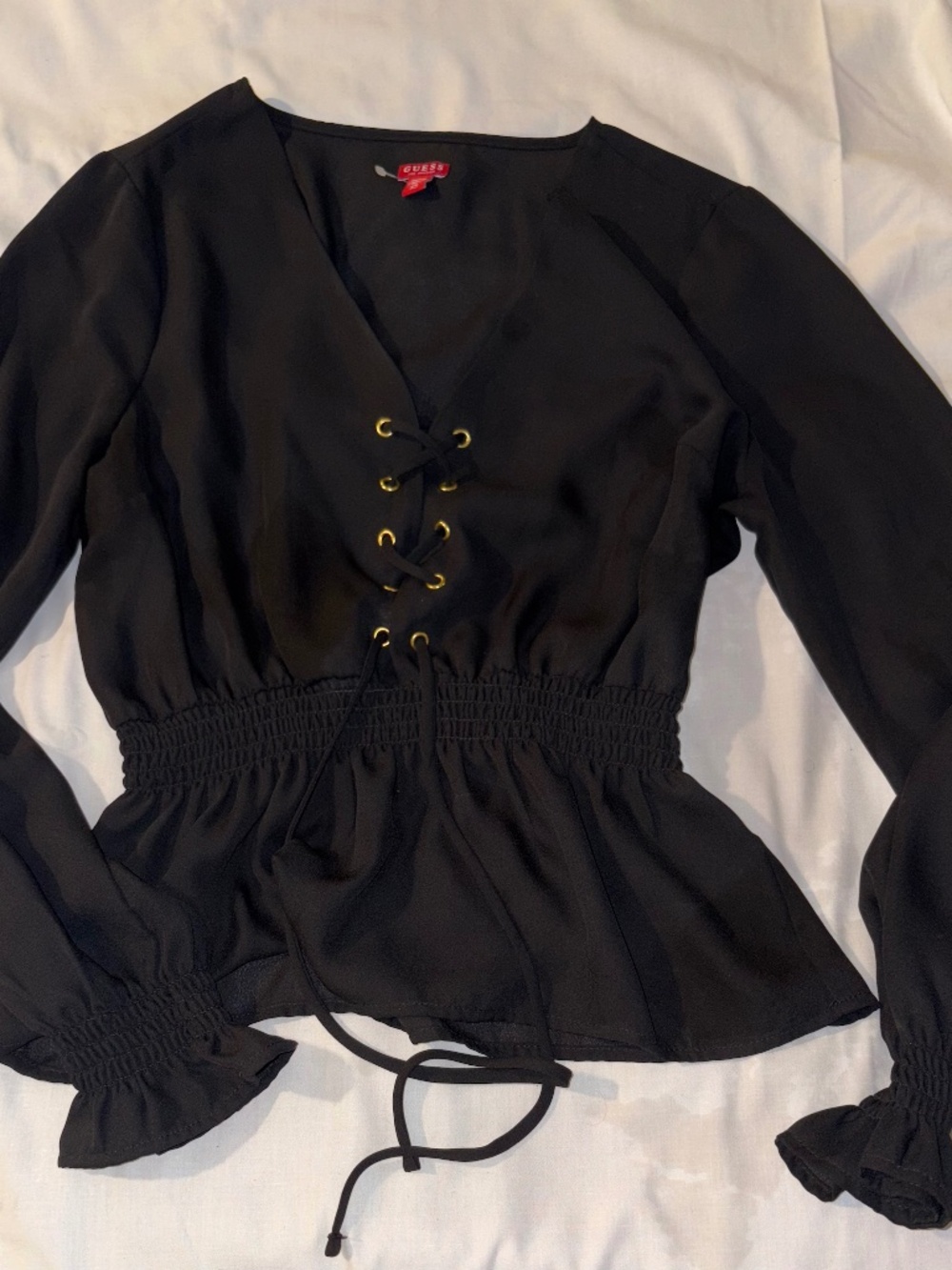 NWOT Guess Black Chiffon Lace-Up Blouse - Smocked Waist & Ruffle Cuffs - XS
